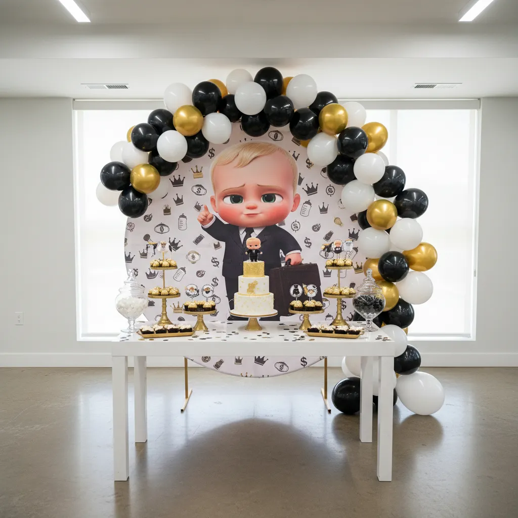 Boss Baby birthday backdrop with black white and gold balloon garland