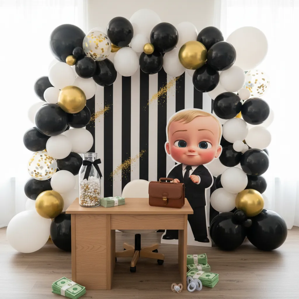 Boss Baby themed birthday photo booth with mini office props