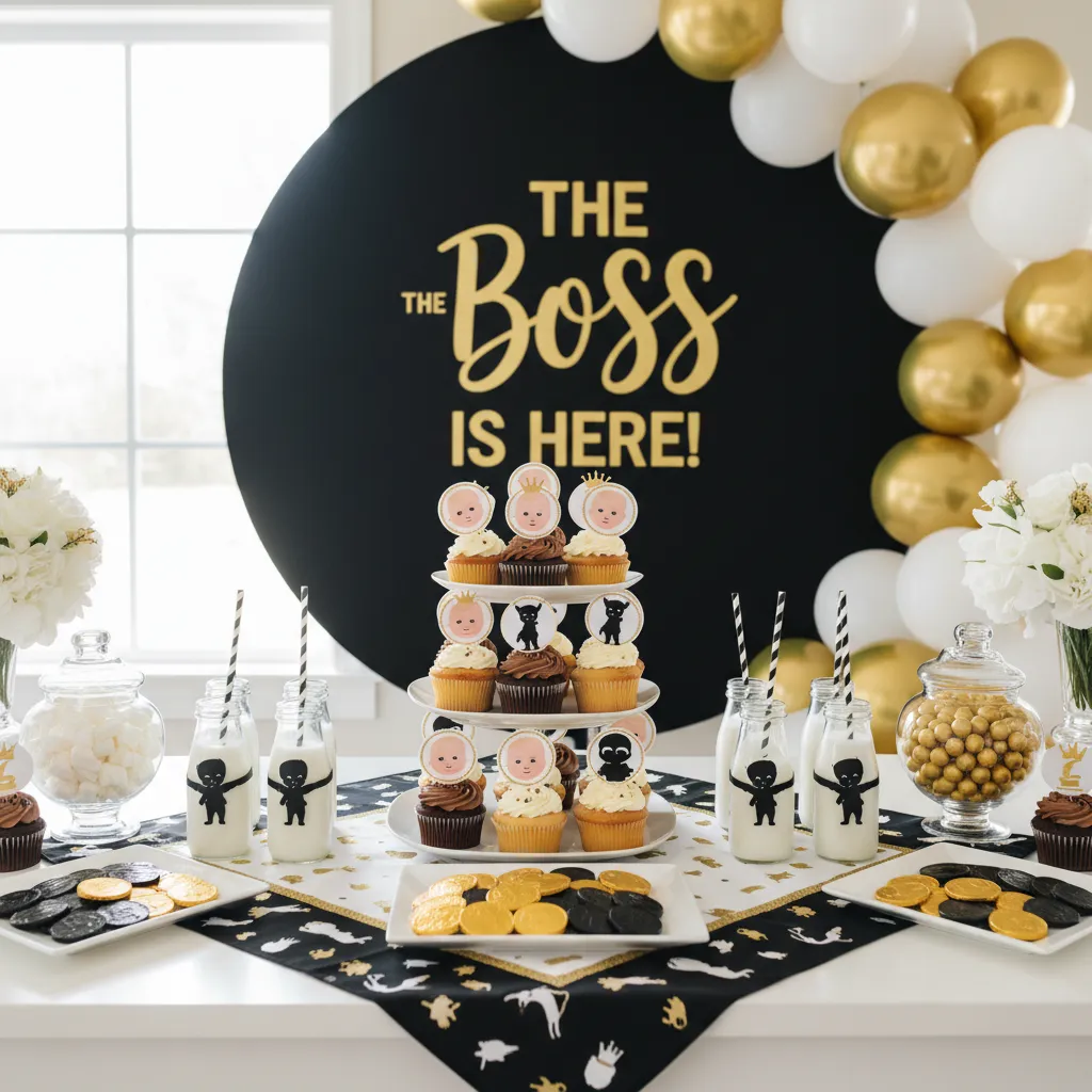 Boss Baby themed dessert table with milk bottle drinks and cupcake toppers