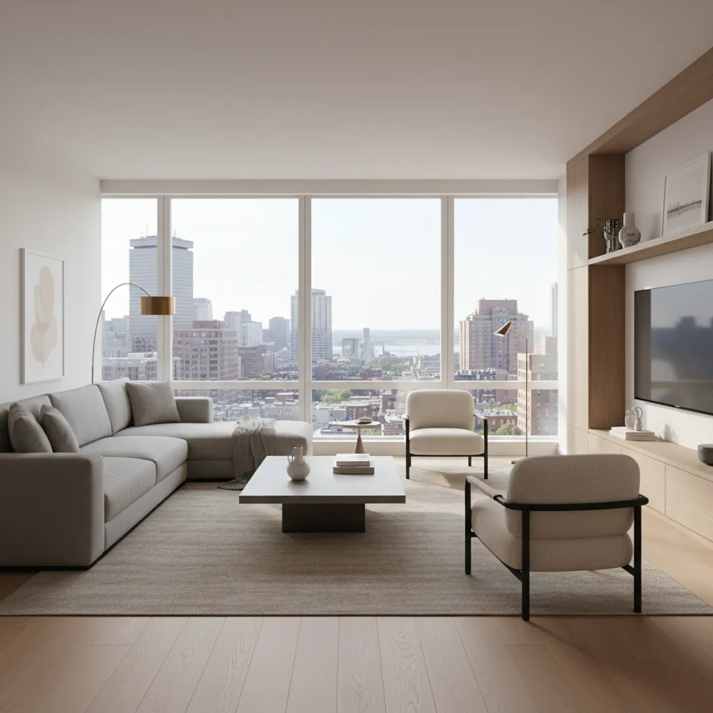 Photorealistic interior architectural rendering of a modern Boston apartment living room