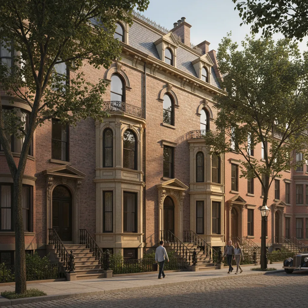 3D exterior rendering of a Boston urban residential building with brick architecture