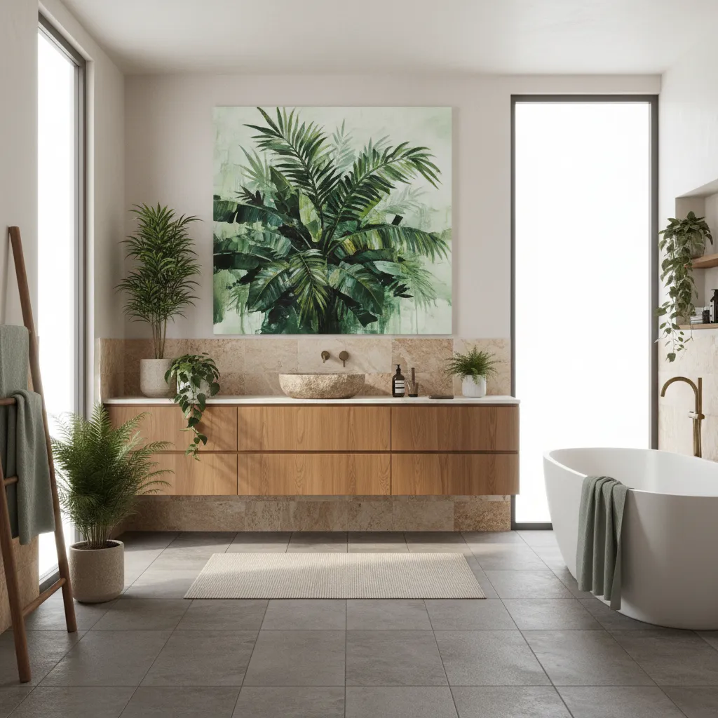 Botanical leaf acrylic painting decorating natural style bathroom
