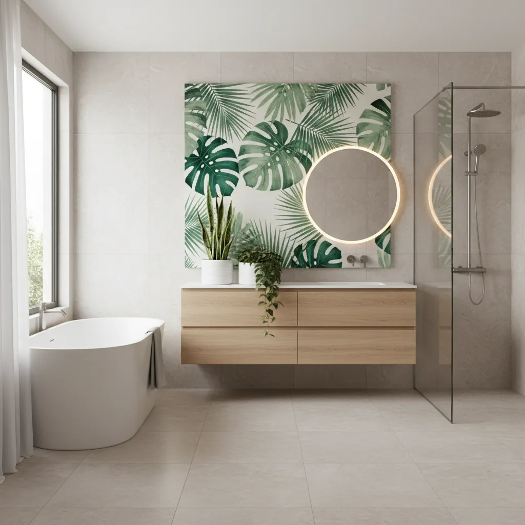 Modern bathroom with botanical leaf artwork and greenery decor
