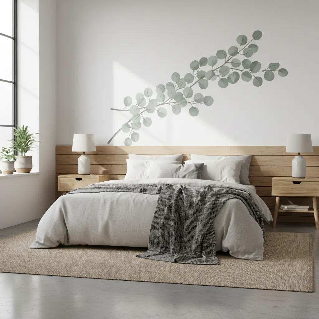 bedroom with large eucalyptus wall sticker above bed
