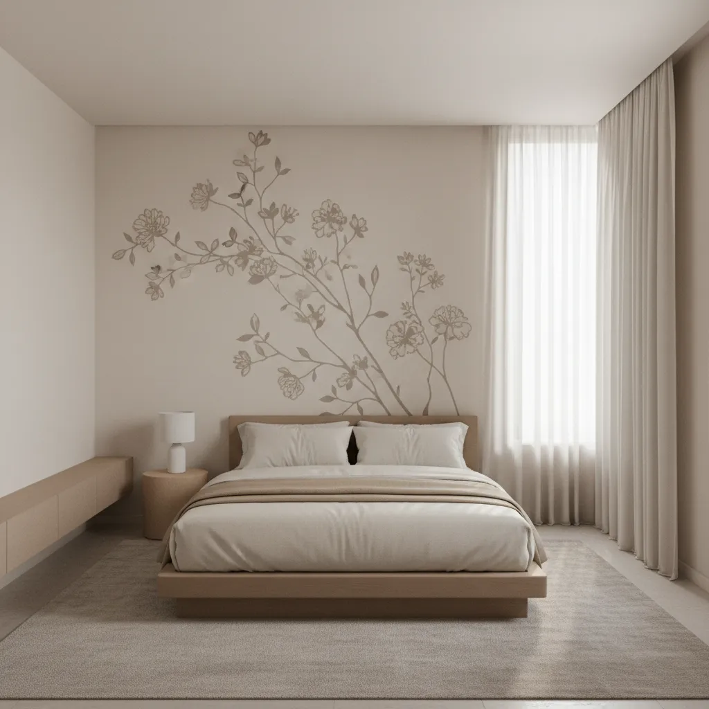 Small bedroom with botanical wall rub on design above bed