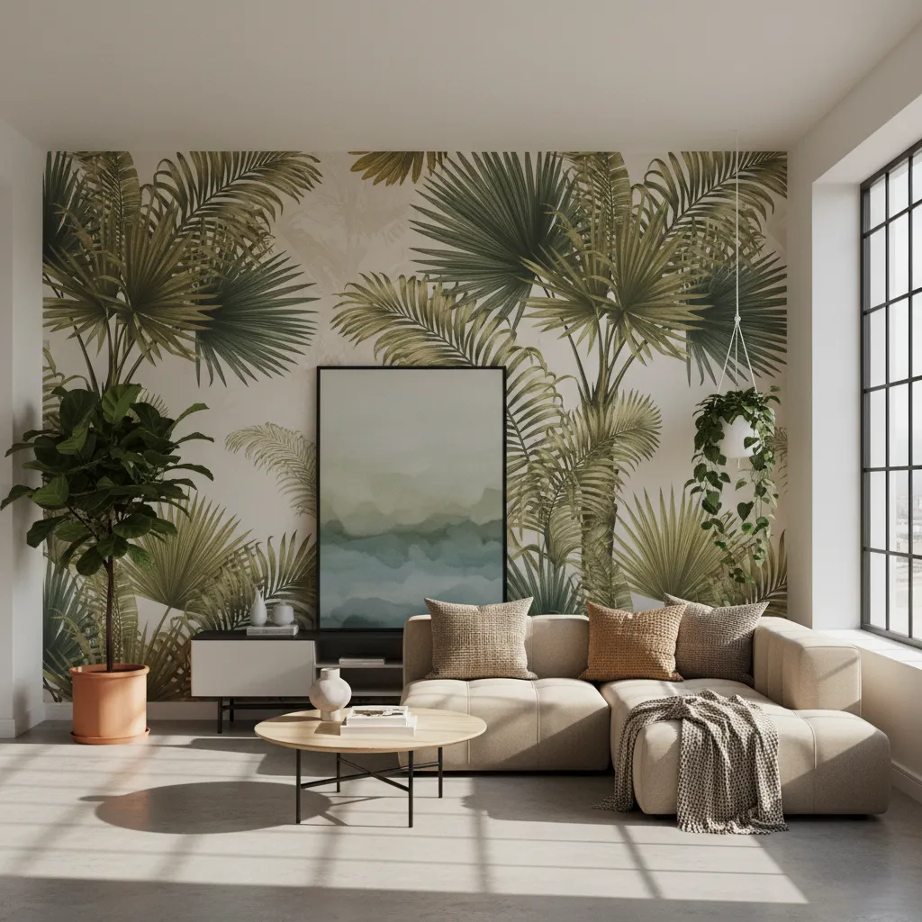 Living room with oversized botanical wallpaper and modern sofa