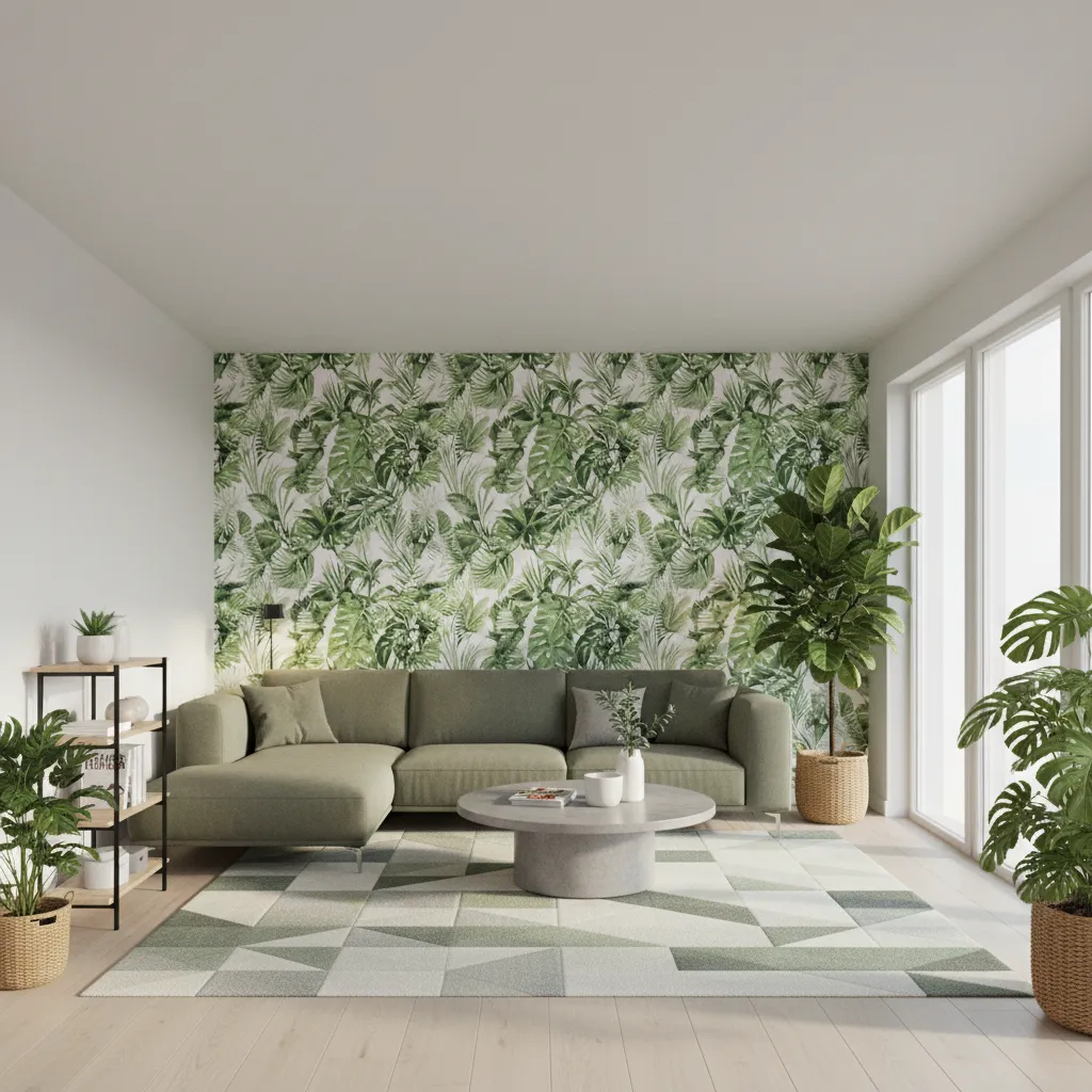 Living room with large botanical wallpaper accent wall