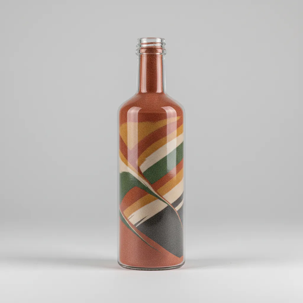 Clear glass bottle filled with many layers of colorful decorative sand on a plain white background