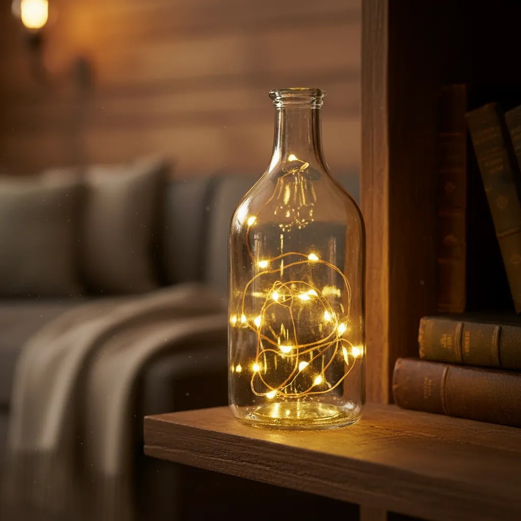 Clear glass bottle filled with glowing fairy lights placed on a wooden bookshelf near books