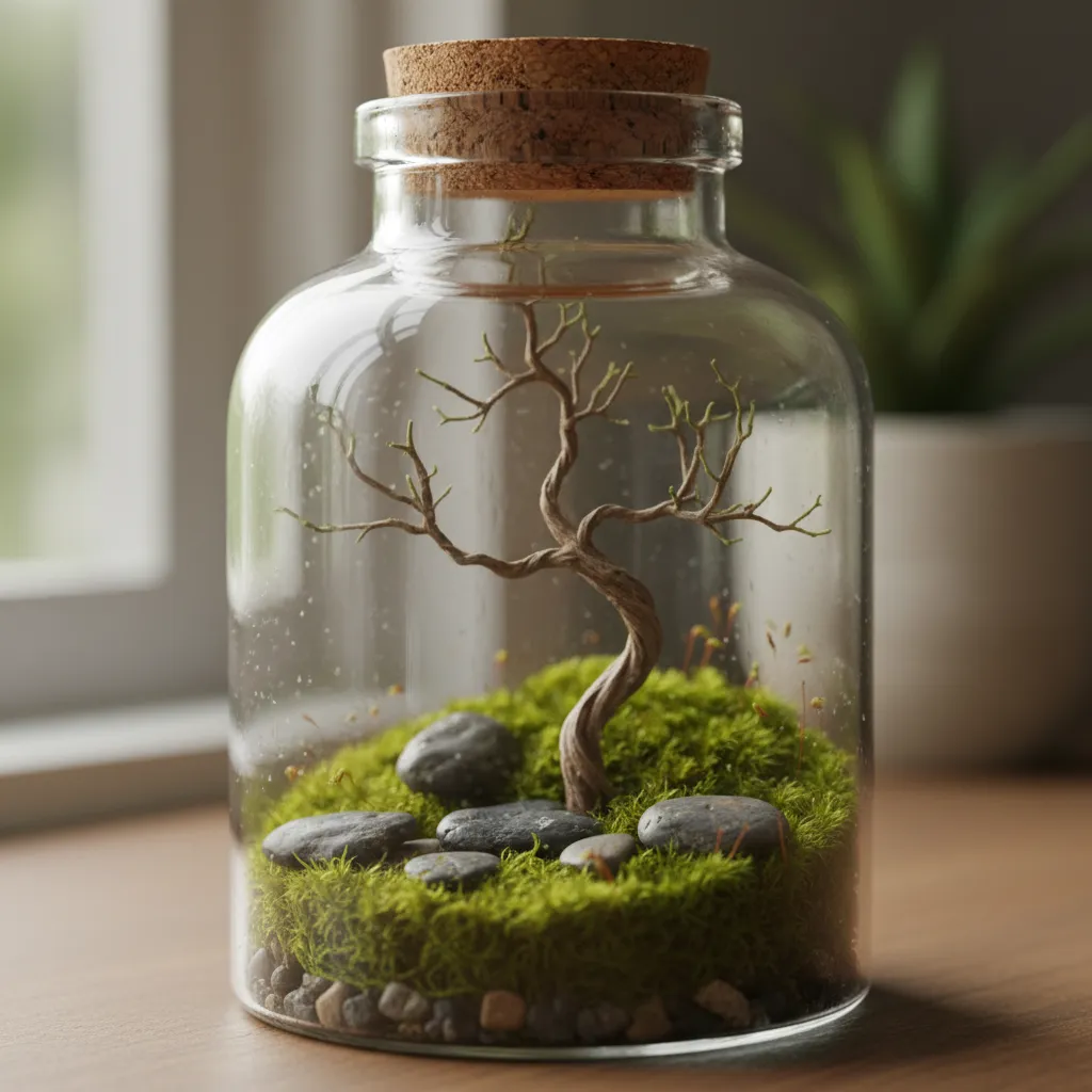 Small glass jar with cork lid containing green moss stones and dry decorative wood branch