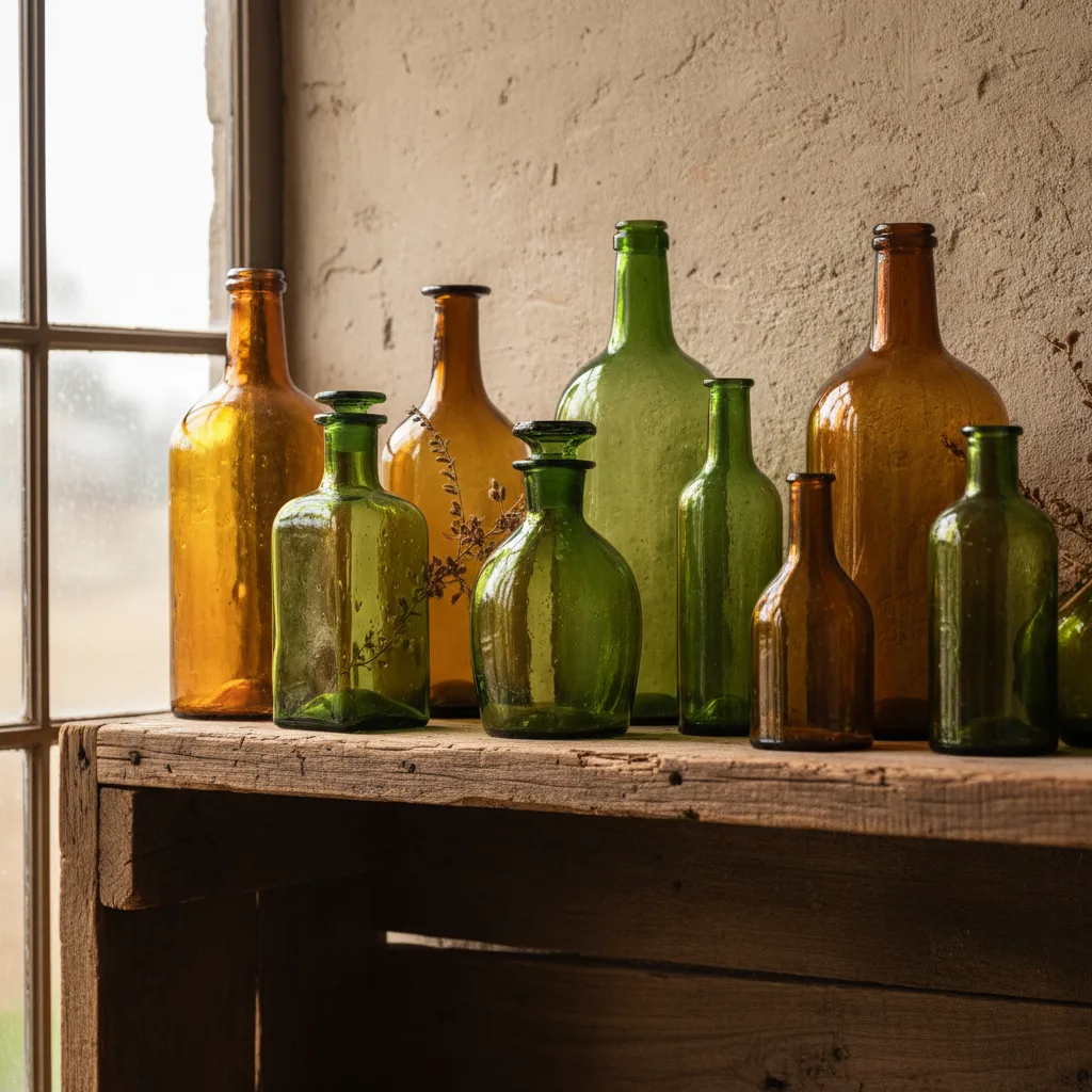 Botellas de vidrio antiguas con diferentes tonos verdes y ámbar
