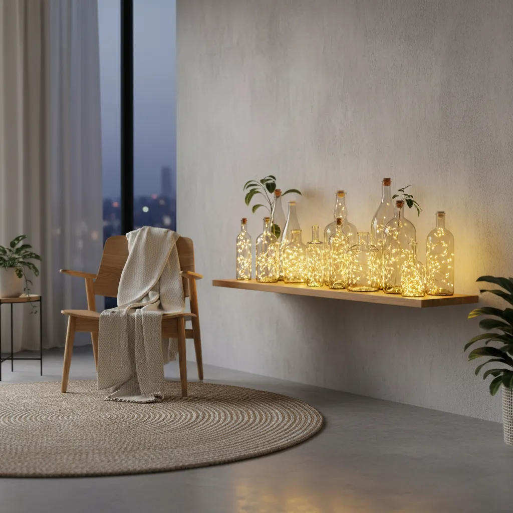 Botellas de vidrio con luces LED creando iluminación ambiental