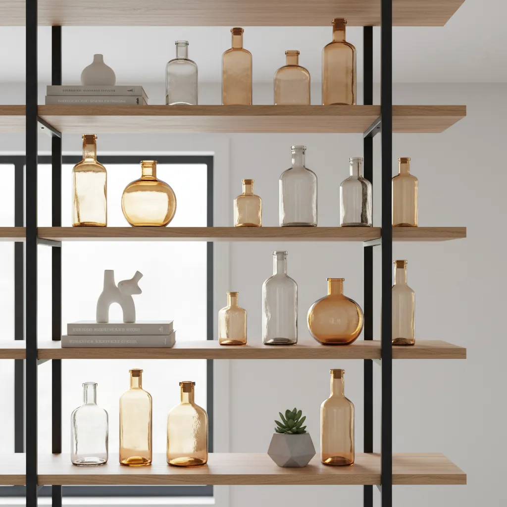 Botellas decorativas colocadas en una estantería moderna