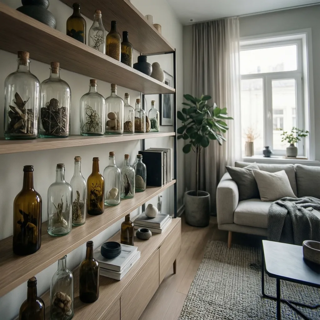 Wooden shelves with decorative glass bottles next to a grey sofa and green indoor plant