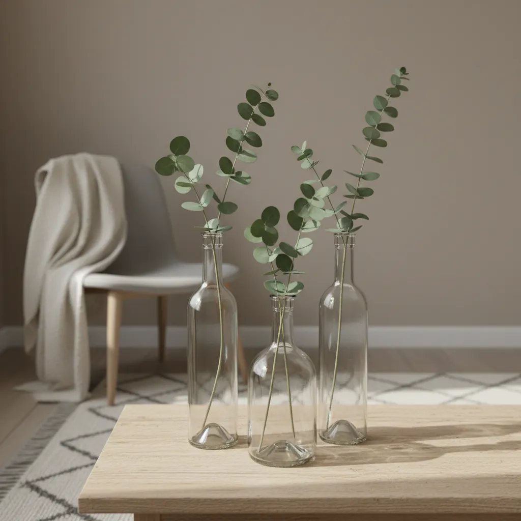 Botellas de vidrio usadas como jarrones minimalistas en una mesa