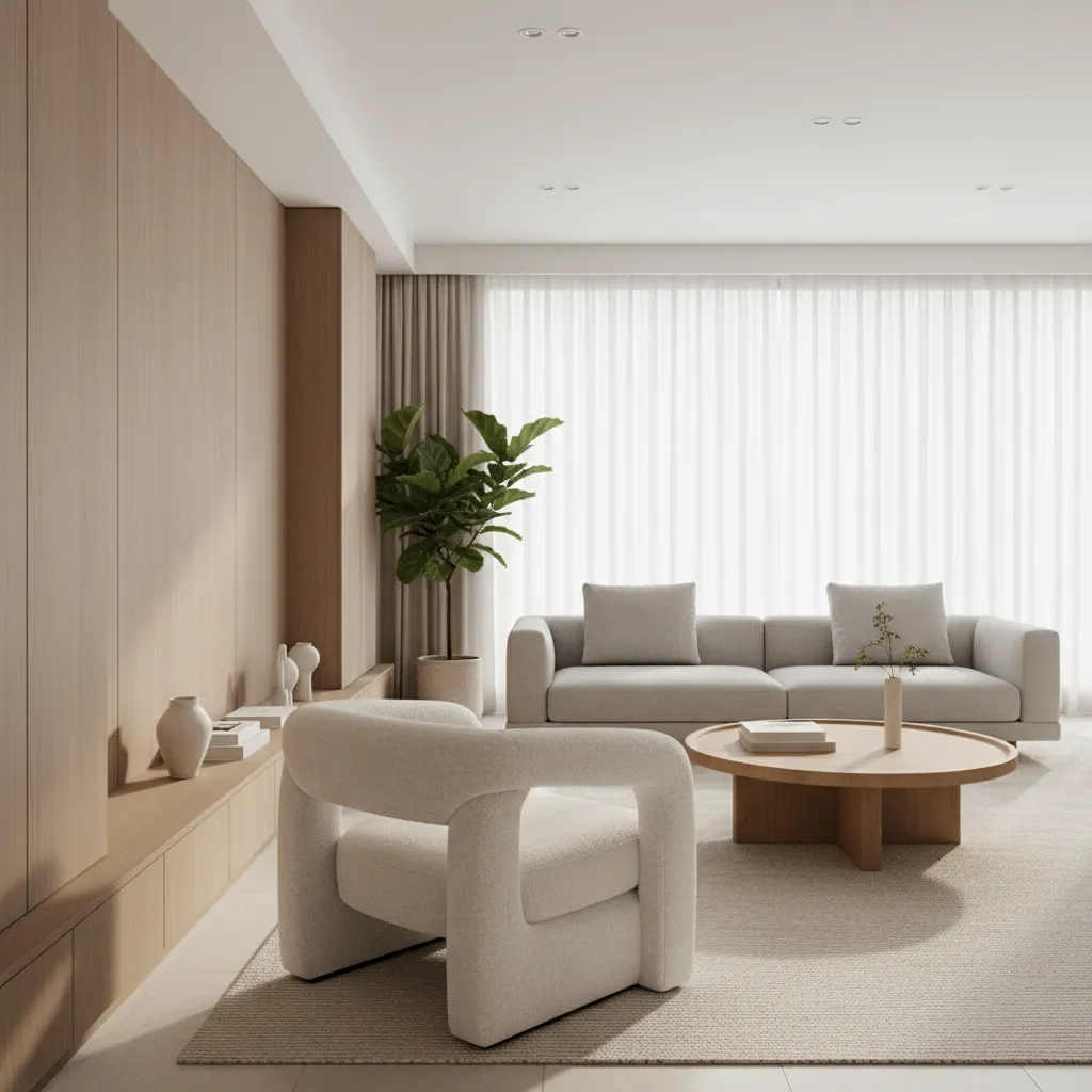 Curved boucle accent chair in a stylish modern living room