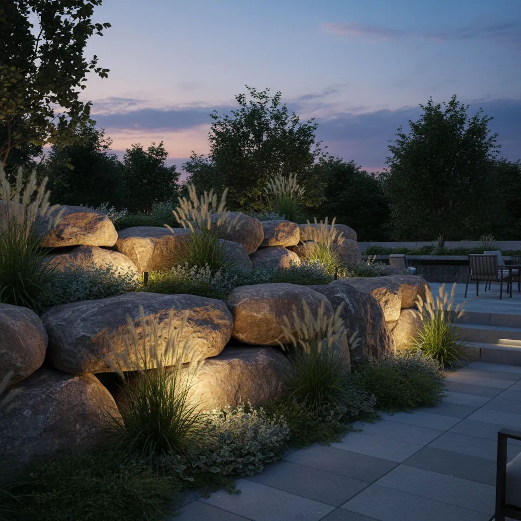 boulder retaining wall with integrated plants and landscape lighting at dusk