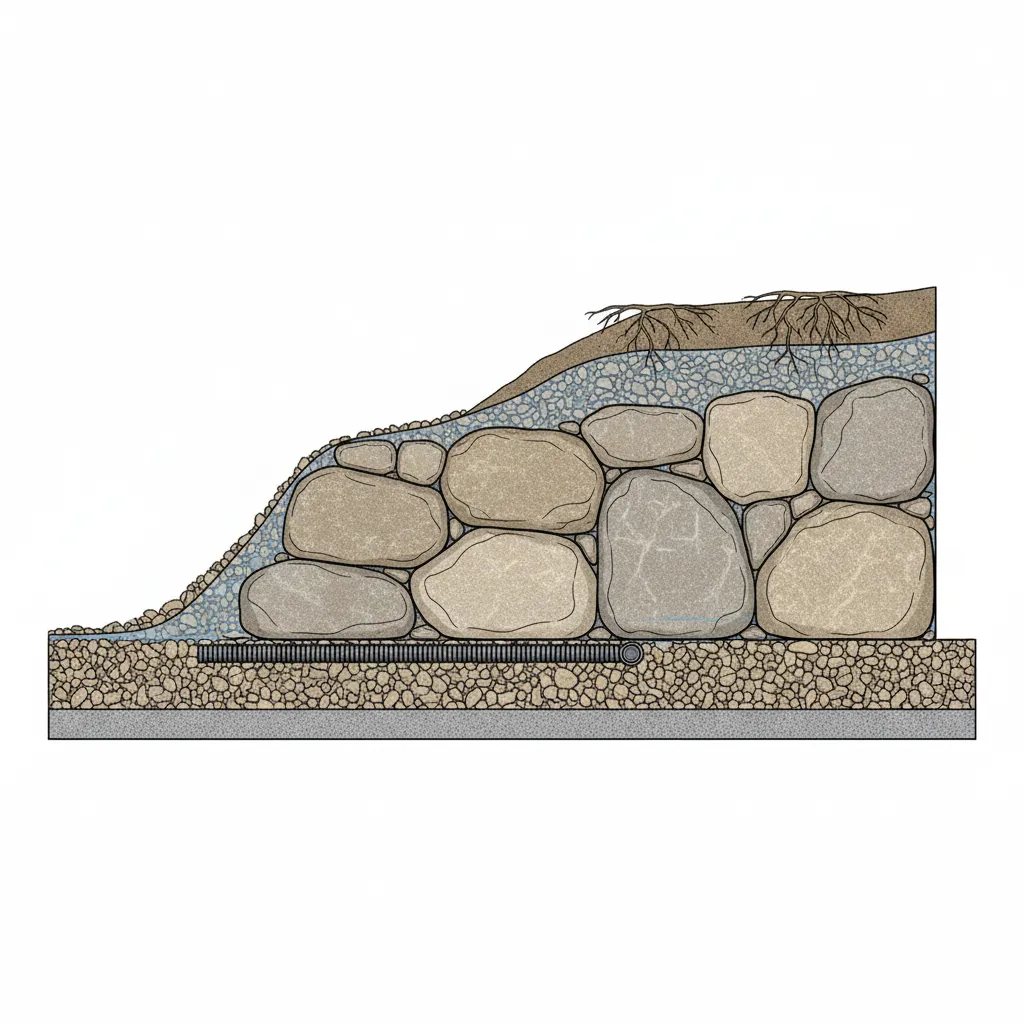 diagram style view showing layered structure of a boulder retaining wall with gravel base