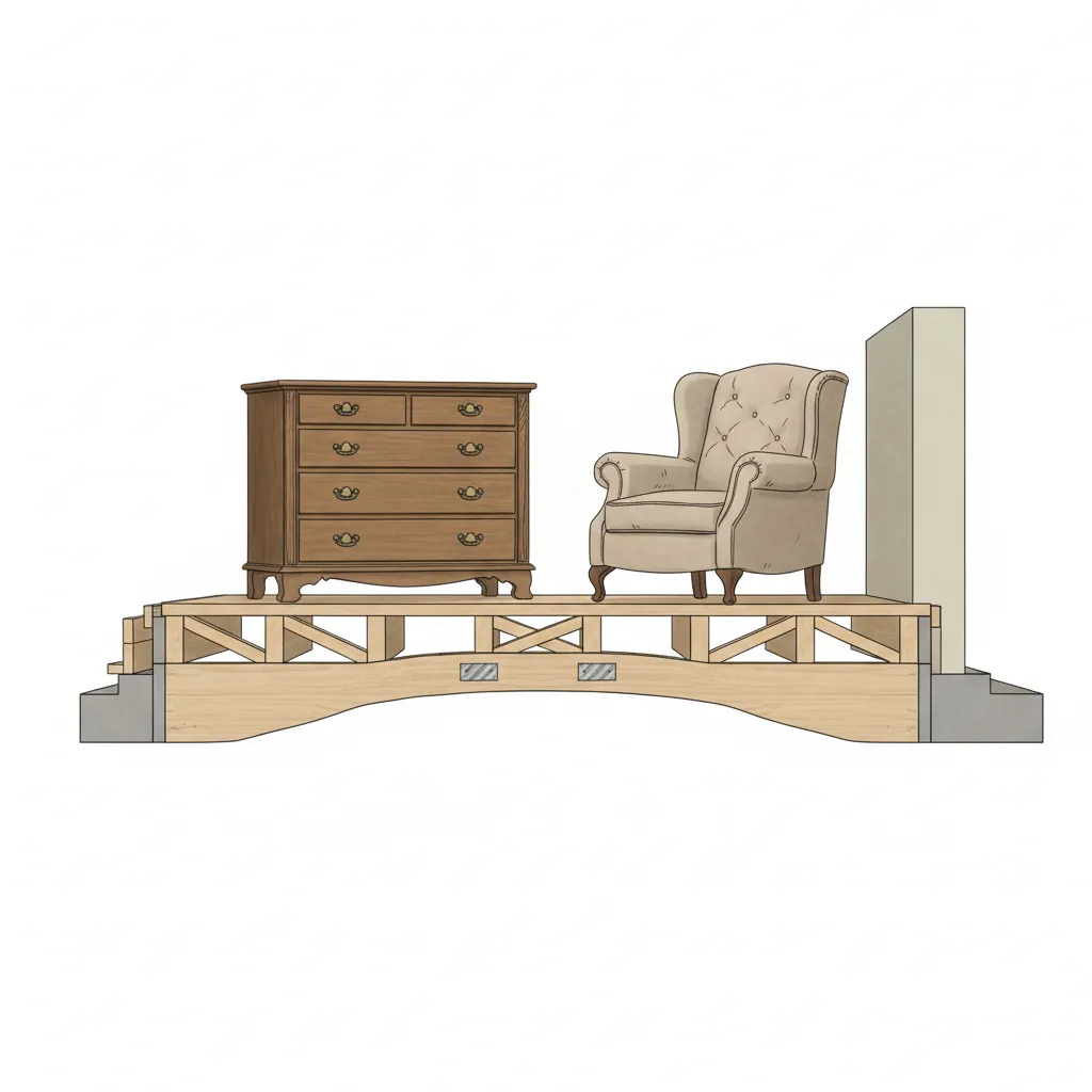 visualization of floor joists flexing slightly under heavy weight