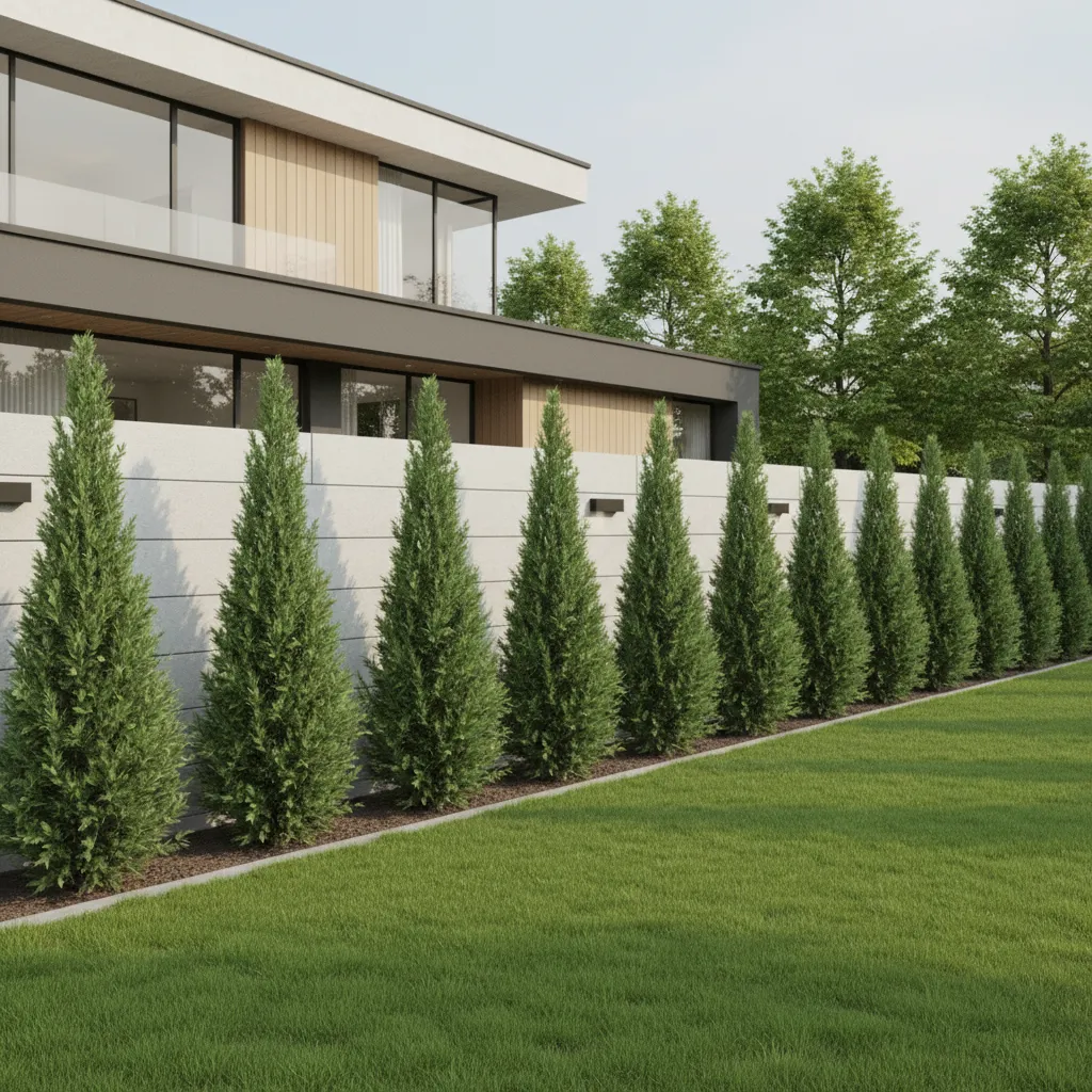 Residential compound wall with evenly spaced tall privacy trees