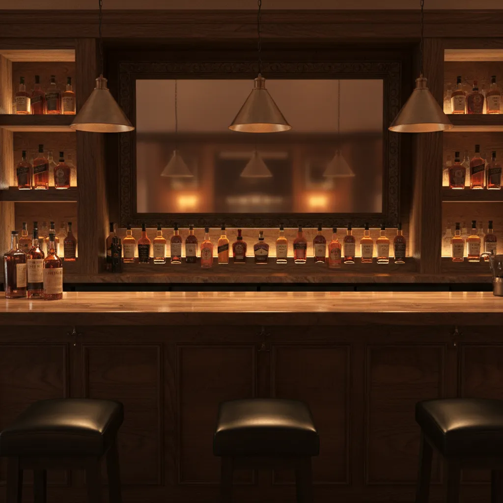 Bourbon bar counter with pendant lighting above dark wood bar