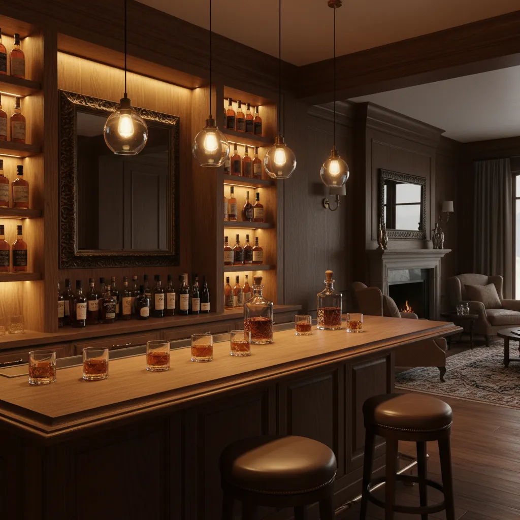 Home whiskey bar with pendant lighting centered above the counter
