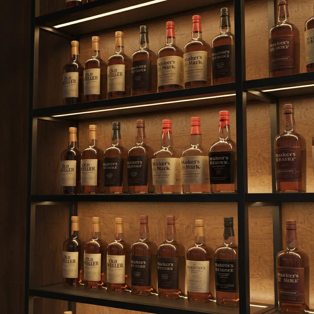 Close view of whiskey bottle shelf lighting angled to reduce glare on glass bottles