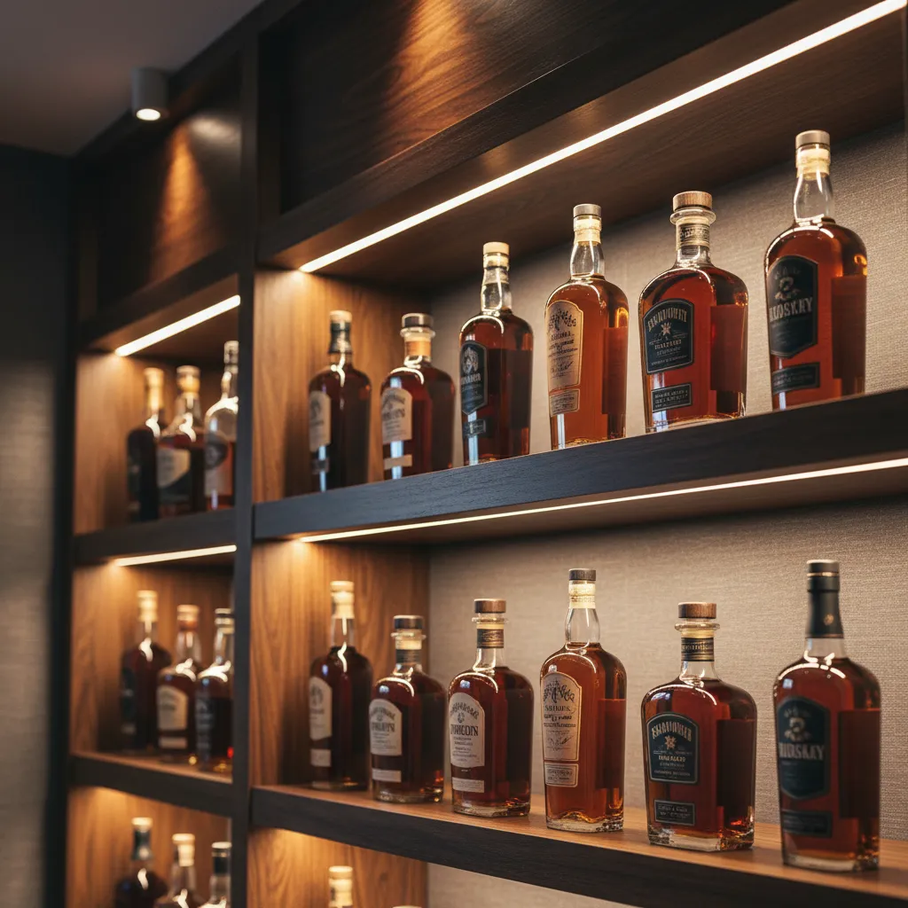 Bourbon bottles on wooden shelves illuminated with warm accent LED lighting