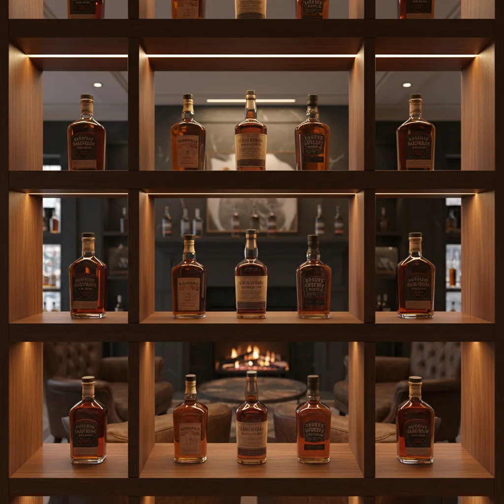 Whiskey bottle shelves illuminated with warm LED strip lighting