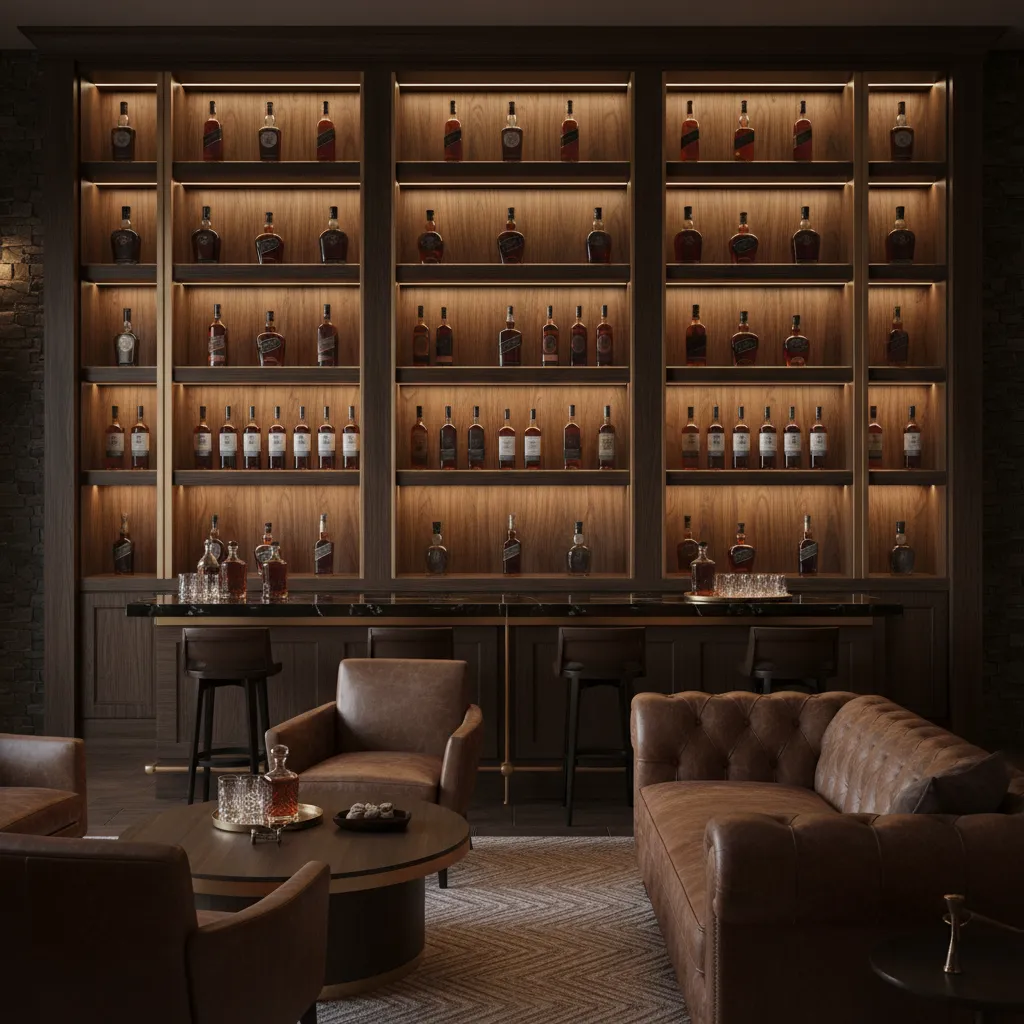 Bourbon bottle feature wall highlighted with focused accent lighting in a home tasting room