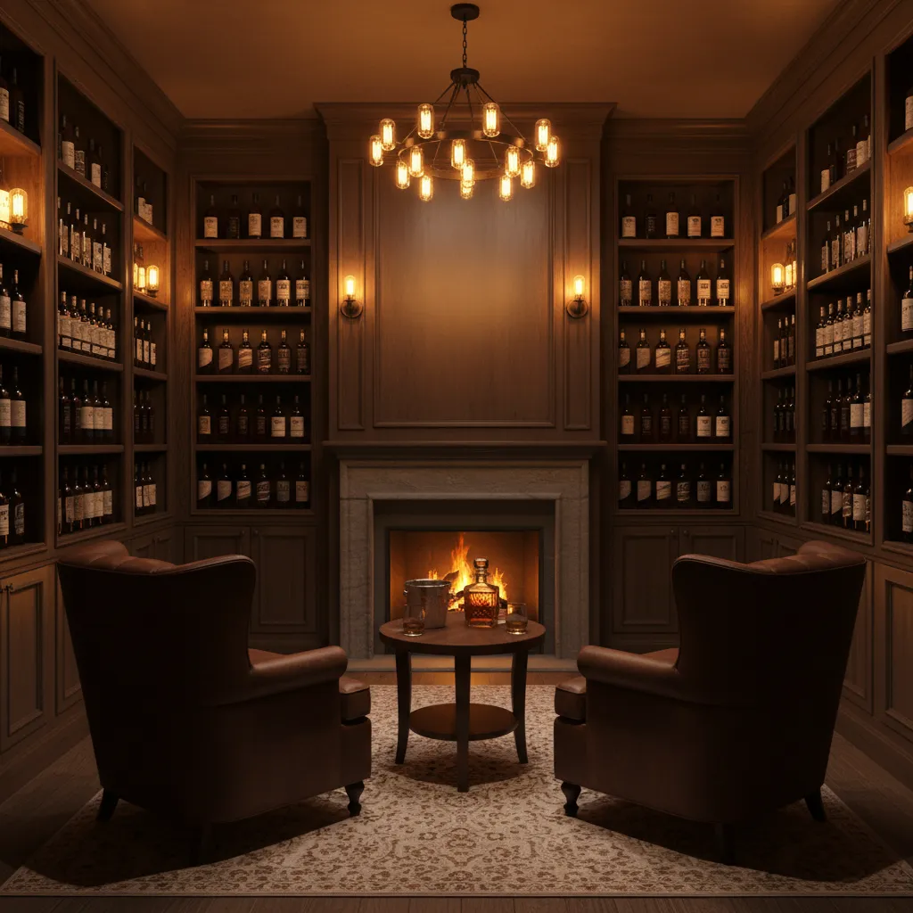 Cozy bourbon tasting room with warm ambient lighting and wood whiskey shelves