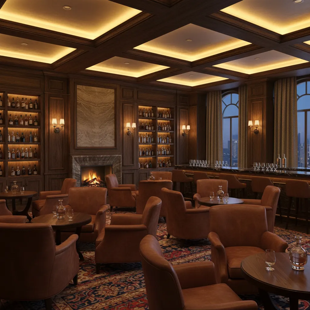 Warm ambient lighting inside a cozy bourbon tasting room with leather seating
