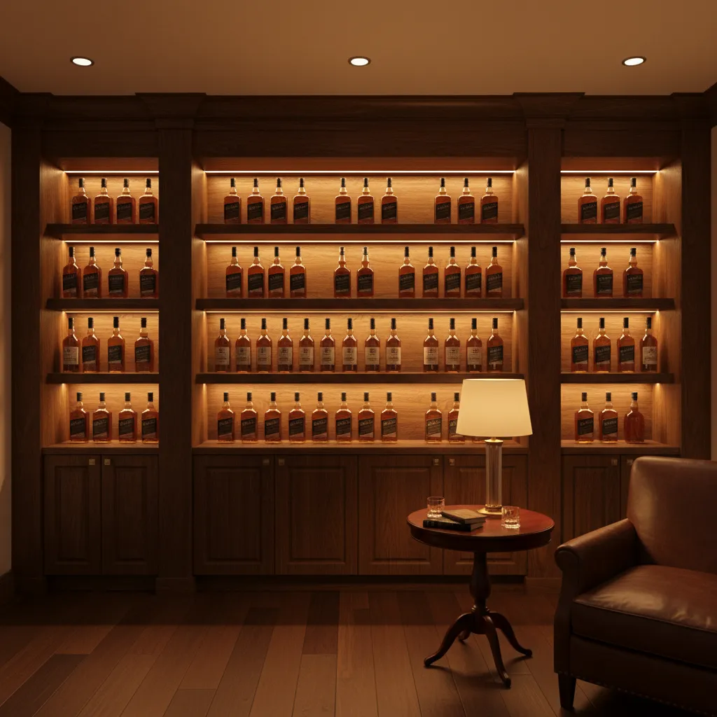 Home bourbon bar interior with layered lighting including ceiling lights shelf lights and warm ambient glow