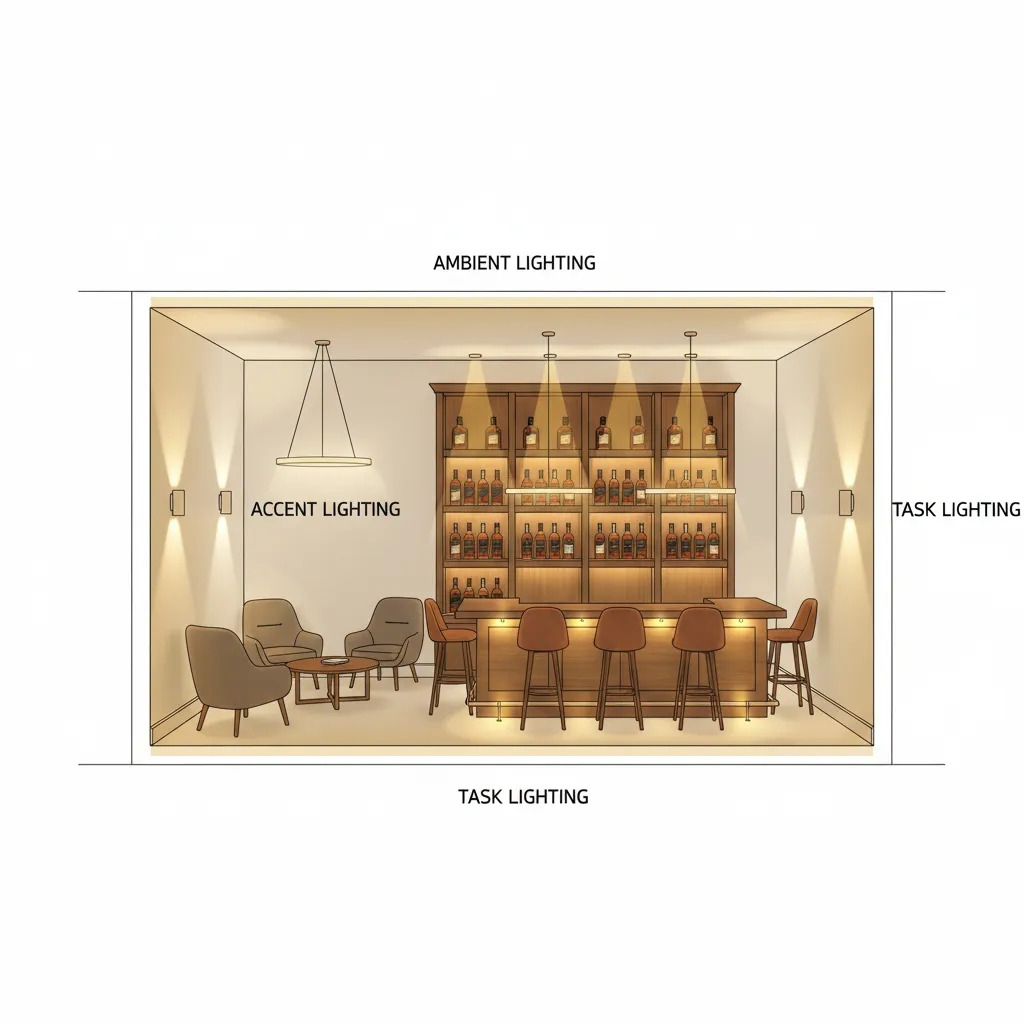 Diagram showing ambient accent and task lighting zones in a bourbon tasting room