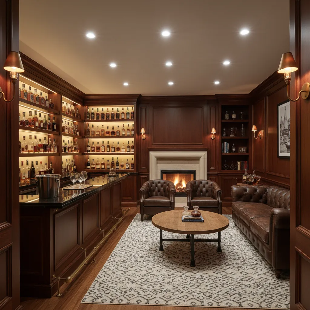 Bourbon room interior showing lighting zones including bar, shelves and seating