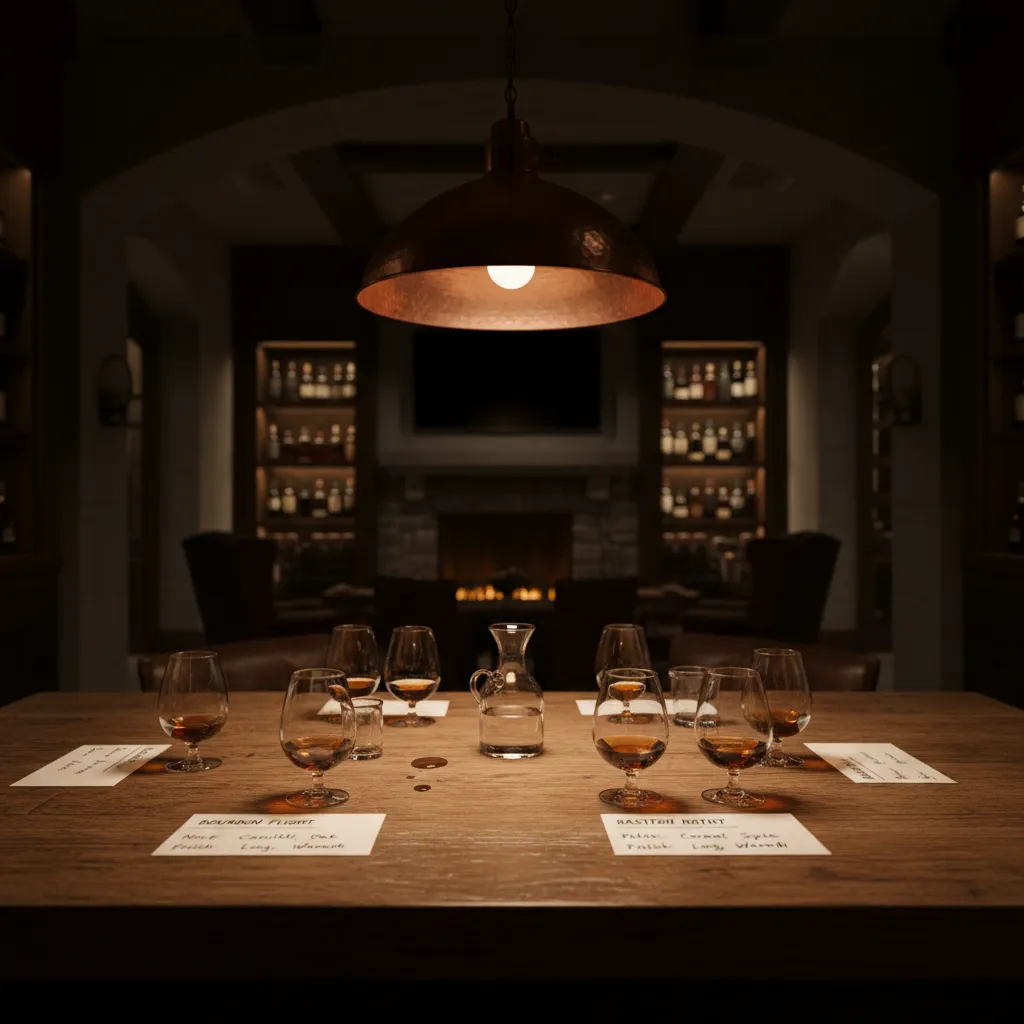 Bourbon tasting table illuminated with pendant task lighting and whiskey glasses