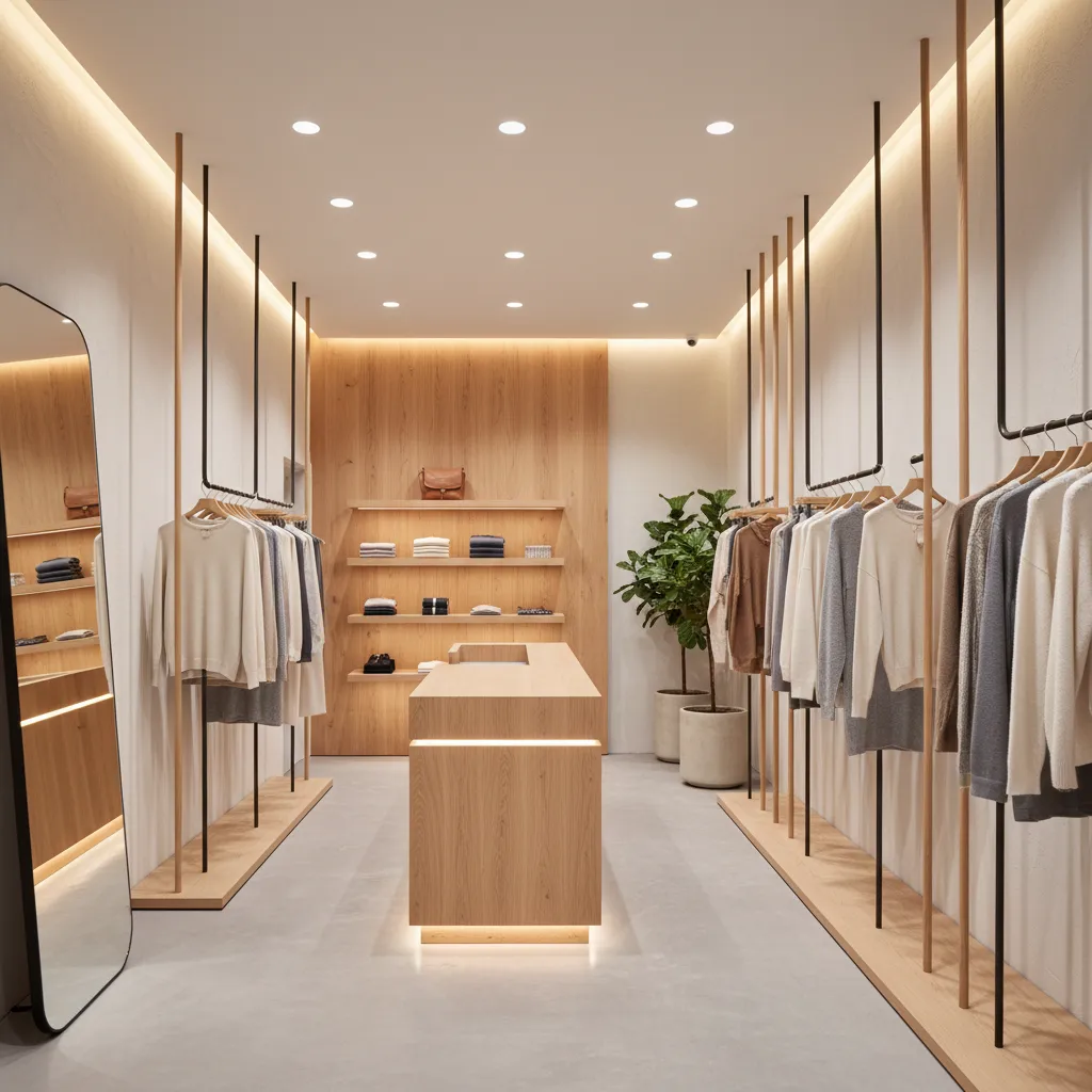 Boutique con identidad visual coherente y materiales naturales