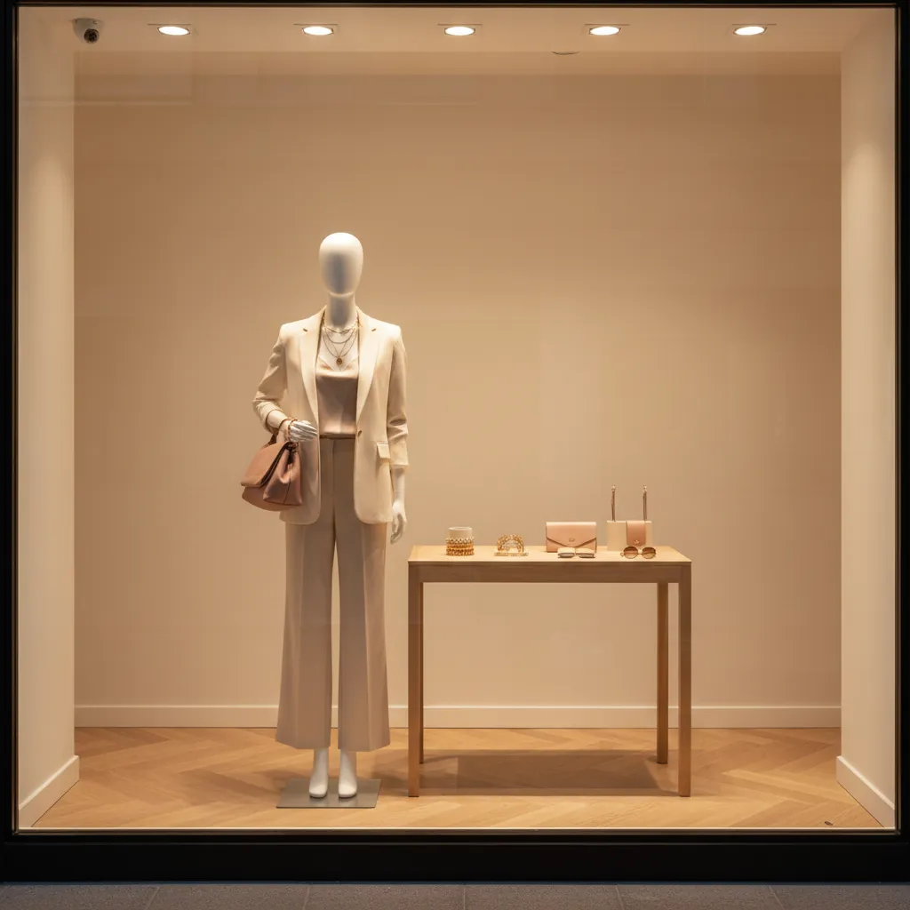 boutique entrance display with mannequin and curated product table