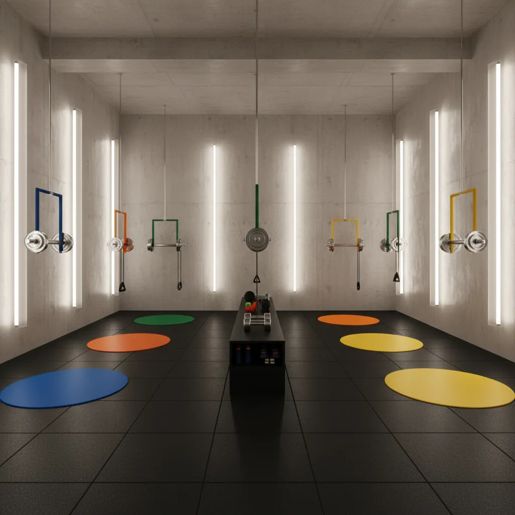 Boutique fitness studio with dark rubber flooring color coded workout stations