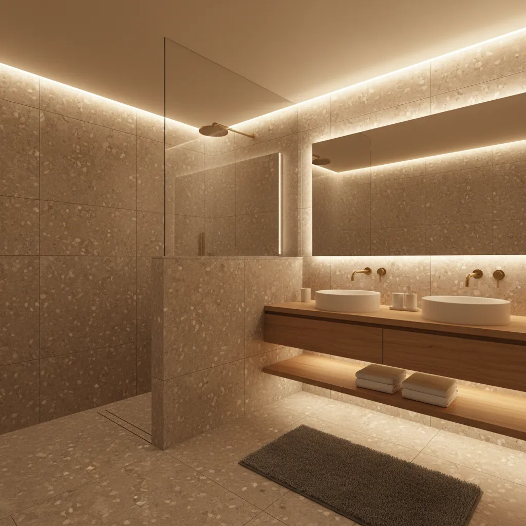 Boutique hotel bathroom layout with half wall and glass panel shower