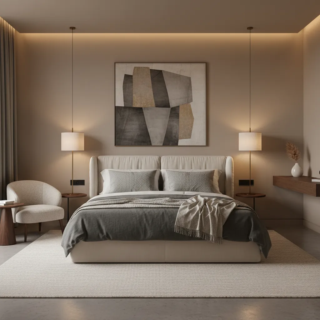 boutique hotel bedroom with large artwork warm lighting and elegant styling