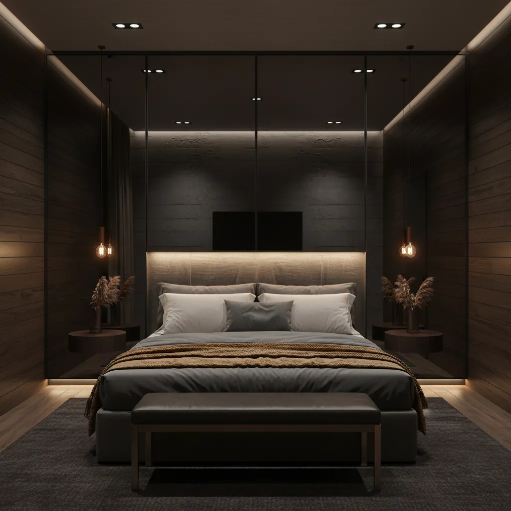 Boutique hotel bedroom with black mirror sliding wardrobe doors and moody lighting