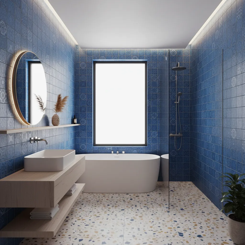 Boutique bathroom with patterned blue tile and yellow accents