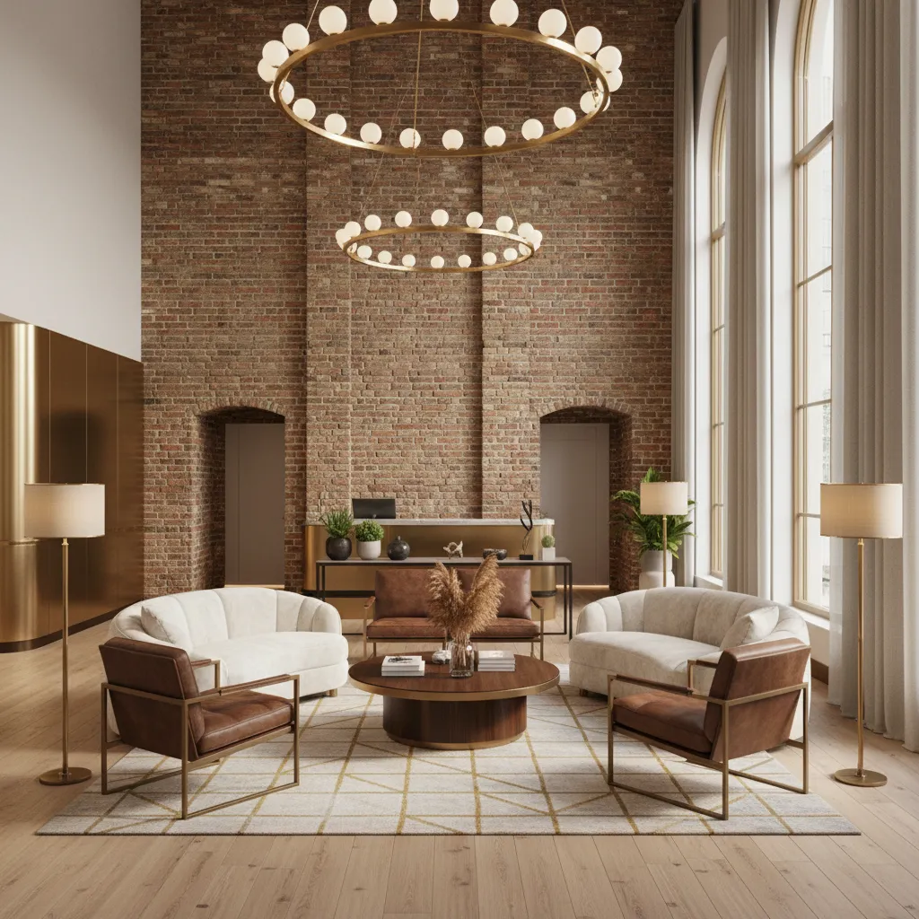 boutique hotel lobby with large exposed brick feature wall