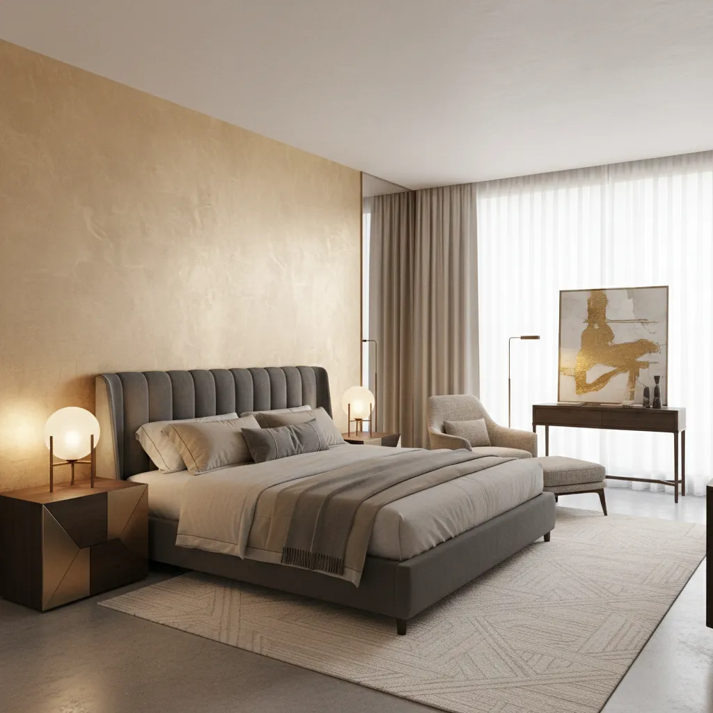 Boutique hotel bedroom with warm gold accent wall and modern furniture