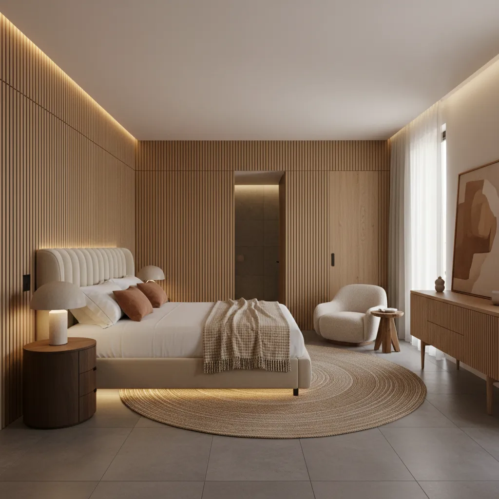 Boutique hotel bedroom with concealed bathroom door behind wall panels
