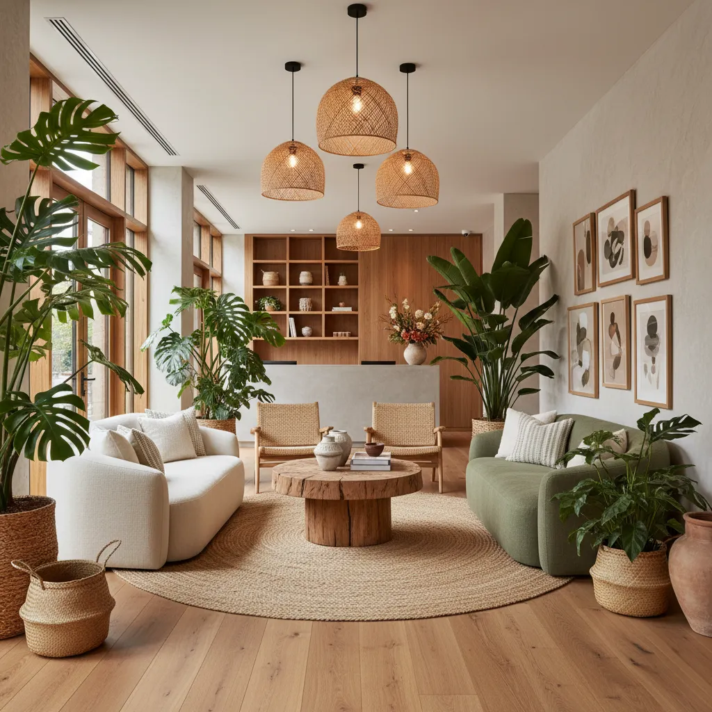 Interior de hotel boutique con plantas y diseño contemporáneo