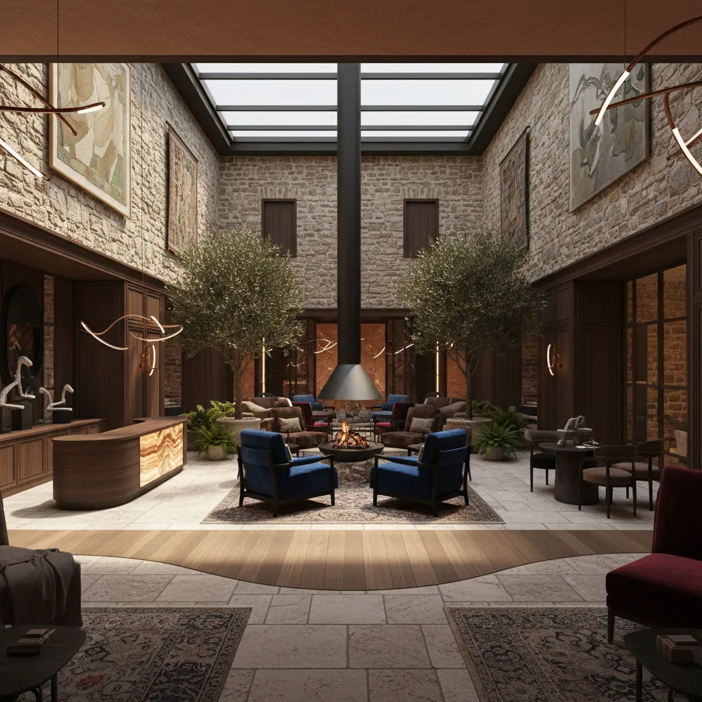 Boutique luxury hotel interior layout with irregular room shapes and courtyard