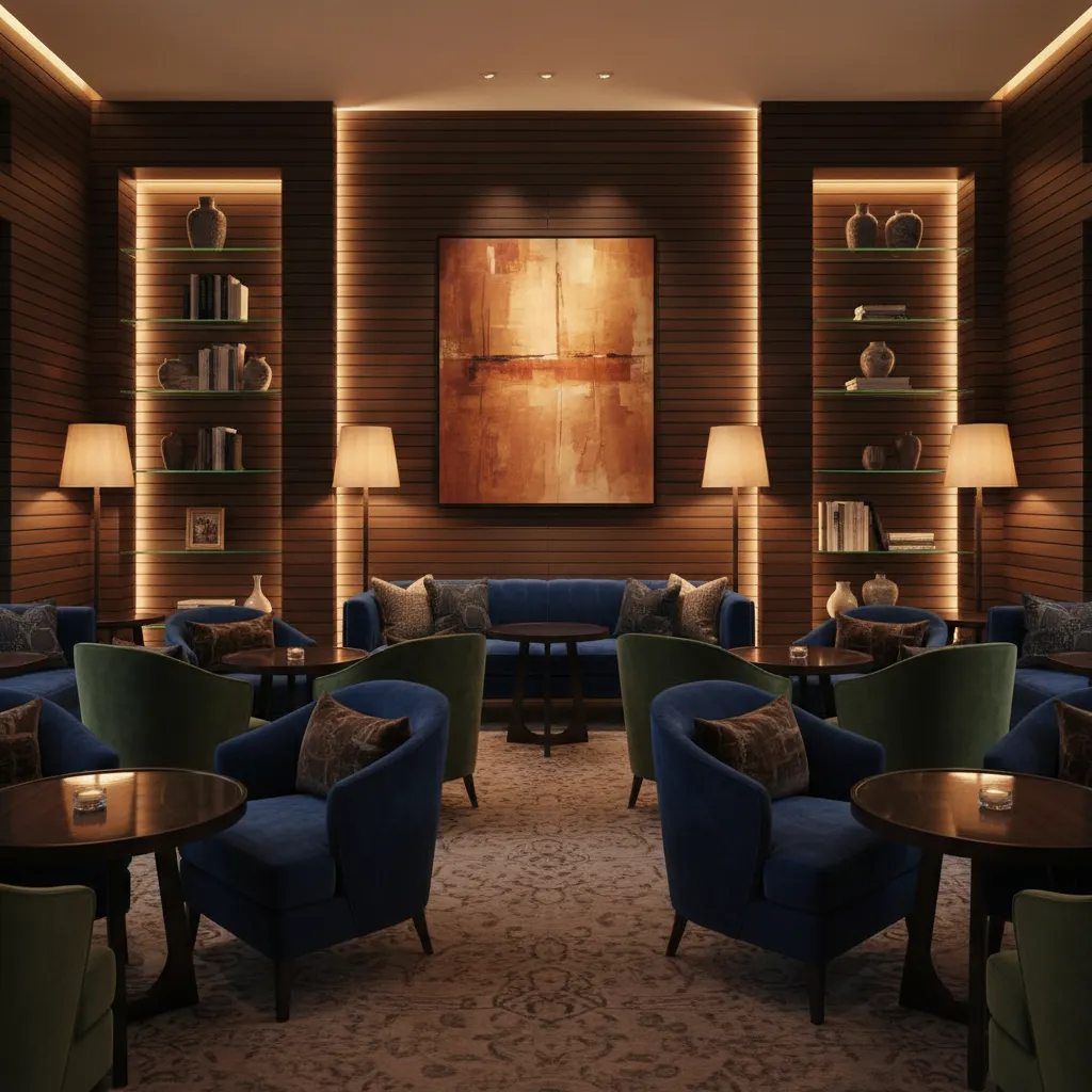 Boutique hotel lounge with warm lighting and intimate seating clusters