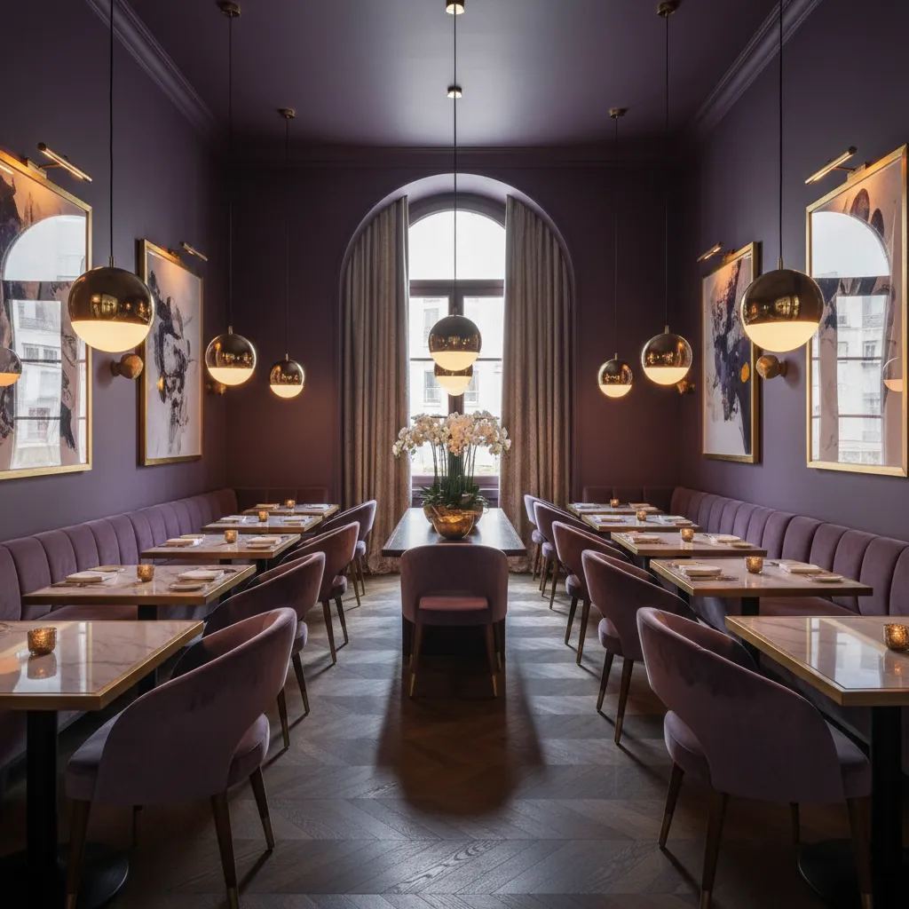 boutique hotel dining room with dramatic purple walls and velvet chairs